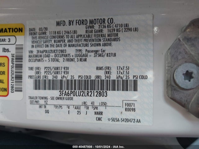 Ford Fusion Hybrid Se 2020 3FA6P0LU2LR212803 Image 9