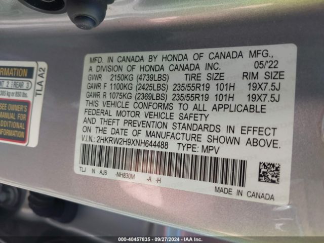 2HKRW2H9XNH644488 Honda Cr-v Awd Touring