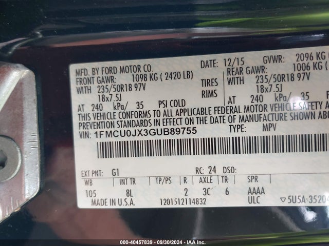Ford Escape Titanium 2016 1FMCU0JX3GUB89755 Image 9