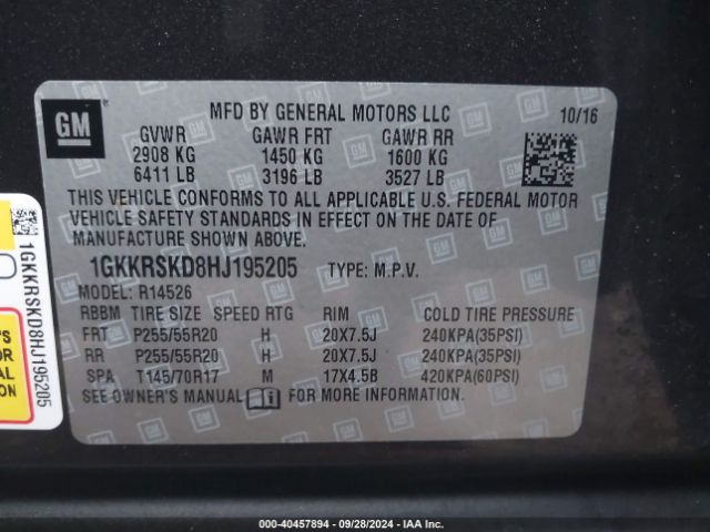 1GKKRSKD8HJ195205 GMC Acadia Limited