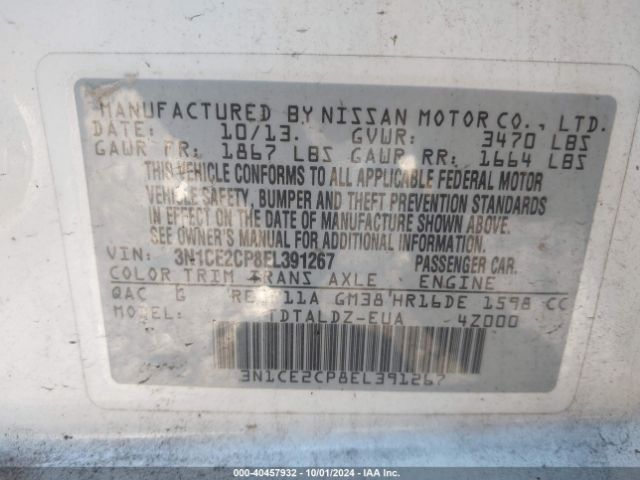 3N1CE2CP8EL391267 Nissan Versa Note Sv