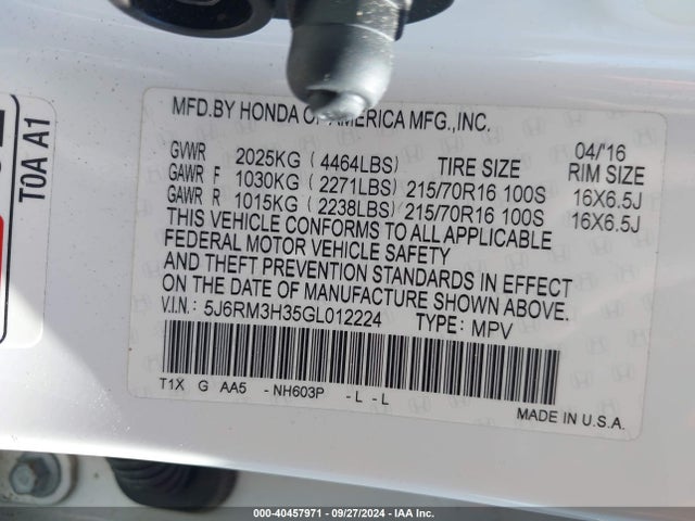 Honda CR-V LX 2016 5J6RM3H35GL012224 Image 9