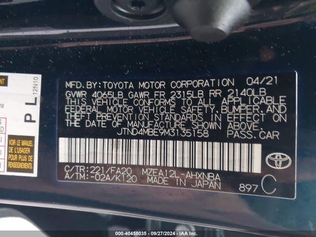 JTND4MBE9M3135158 Toyota COROLLA SE