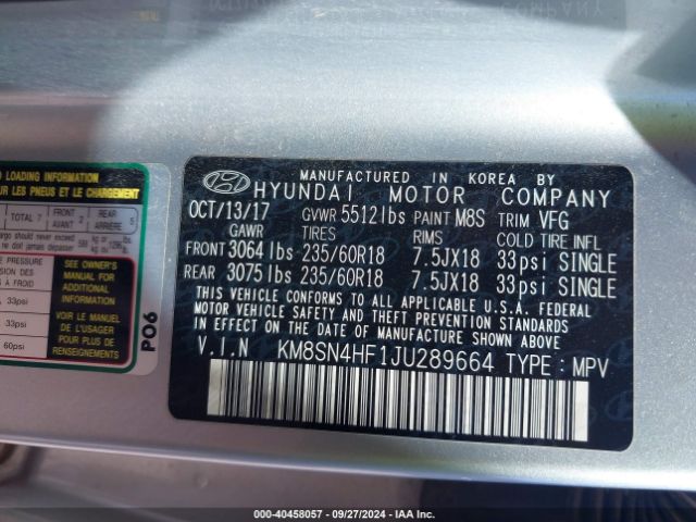 KM8SN4HF1JU289664 Hyundai Santa Fe Se