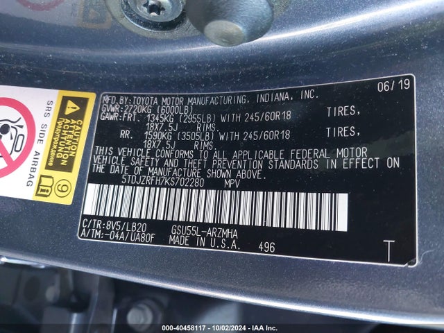 Toyota Highlander Xle 2019 5TDJZRFH7KS702280 Image 9