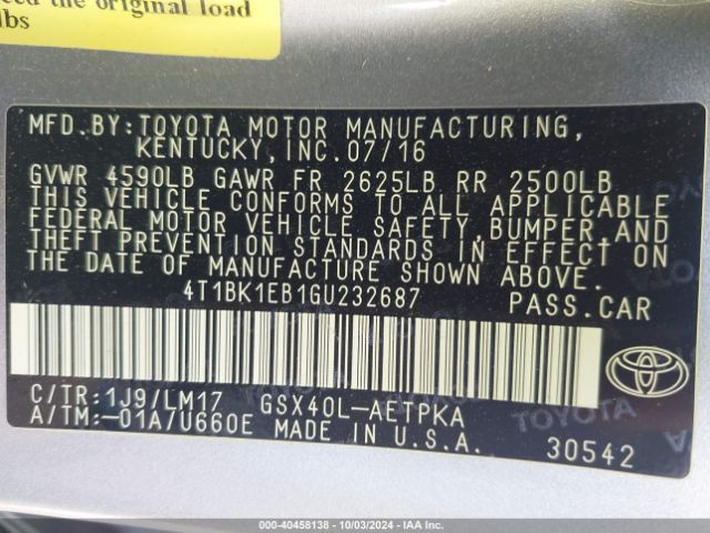 4T1BK1EB1GU232687 Toyota AVALON LIMITED