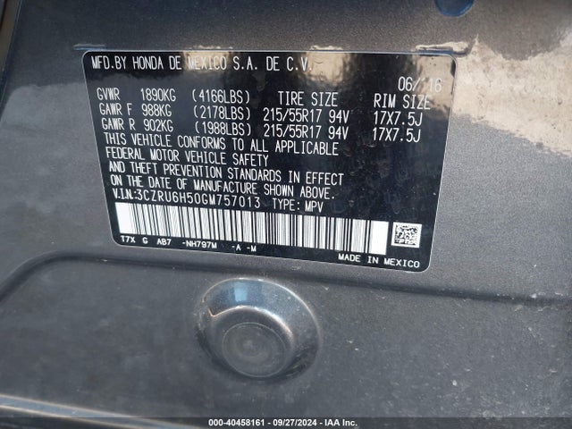 Honda HR-V EX 2016 3CZRU6H50GM757013 Image 9