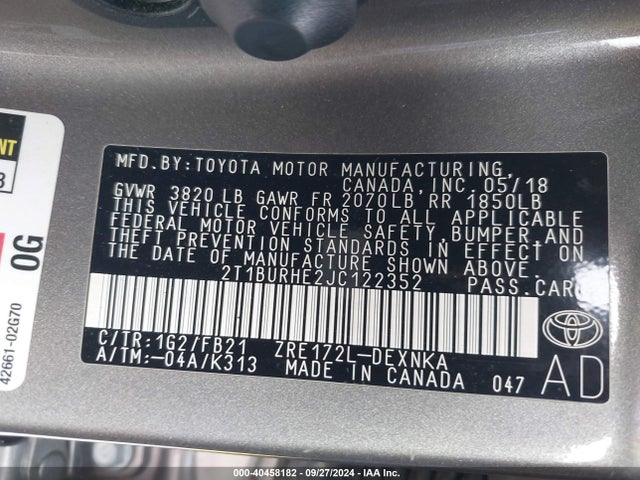 Toyota COROLLA LE 2018 2T1BURHE2JC122352 Image 9