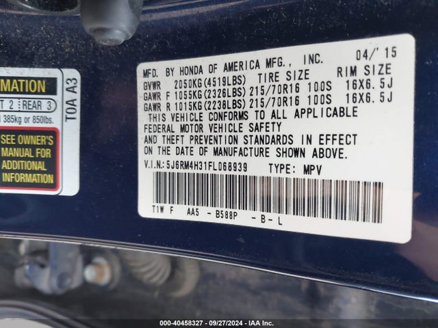 Honda CR-V LX 2015 5J6RM4H31FL068939 Image 9