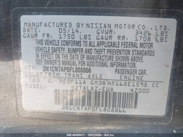 Nissan Versa 1.6 S+ 2015 3N1CN7AP0FL808866 Image 9