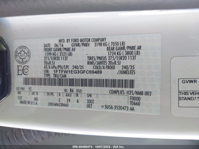Aukcja sprzedaży 2016 Ford F-150 Xlt, vin: 1FTFW1EG3GFC69489, numer aukcji: 40458474