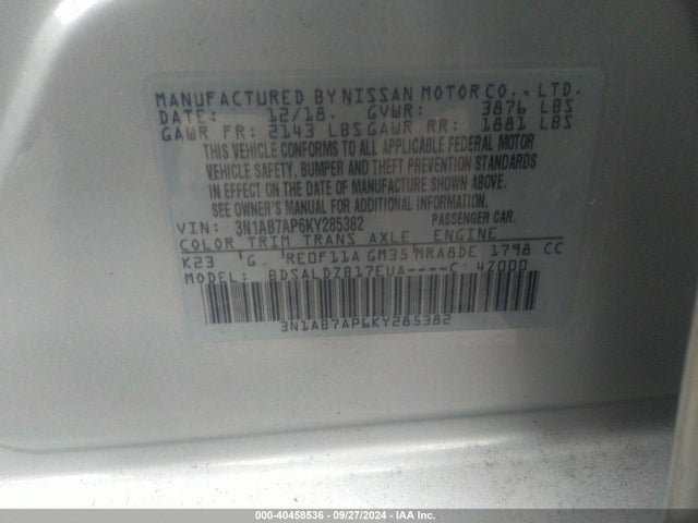 Nissan SENTRA SV 2019 3N1AB7AP6KY285382 Image 9