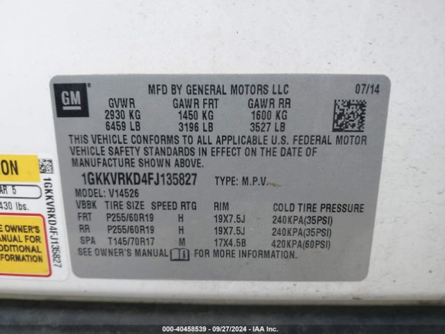 GMC Acadia Slt-1 2015 1GKKVRKD4FJ135827 Image 9