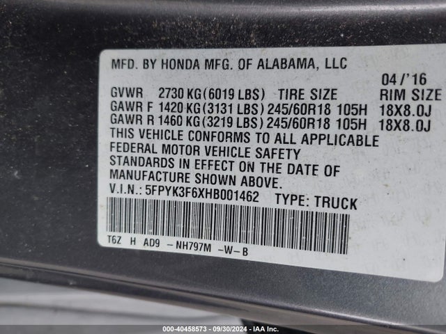 Honda Ridgeline Rtl-t 2017 5FPYK3F6XHB001462 Image 9