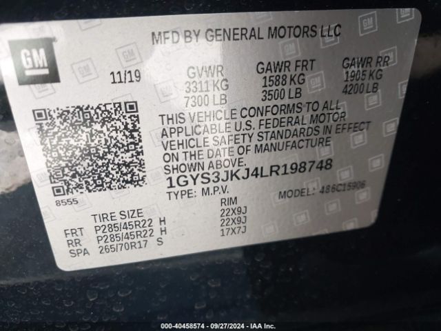 1GYS3JKJ4LR198748 Cadillac Escalade Esv 2wd Premium Luxury