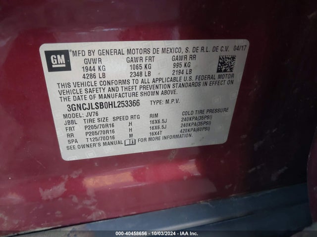 Chevrolet Trax Lt 2017 3GNCJLSB0HL253366 Image 9