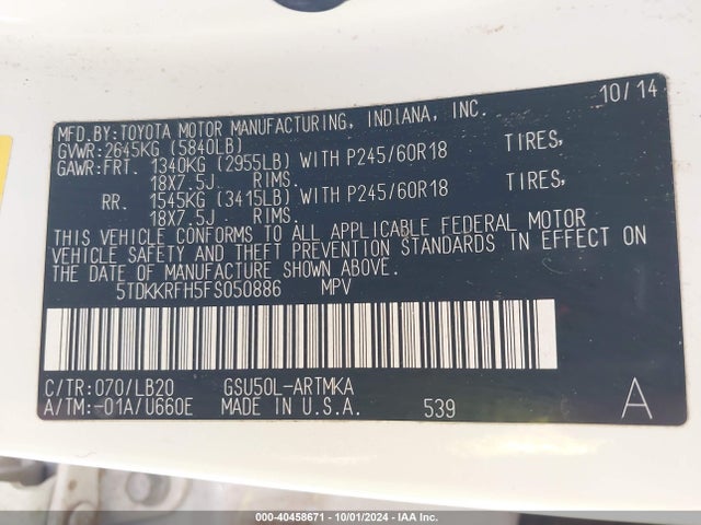 Toyota Highlander Xle V6 2015 5TDKKRFH5FS050886 Image 9