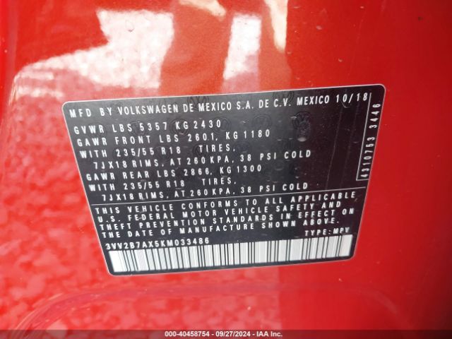 3VV2B7AX5KM033486 Volkswagen Tiguan 2.0t Se/2.0t Sel/2.0t Sel R-line/2.0t Sel R-line Black