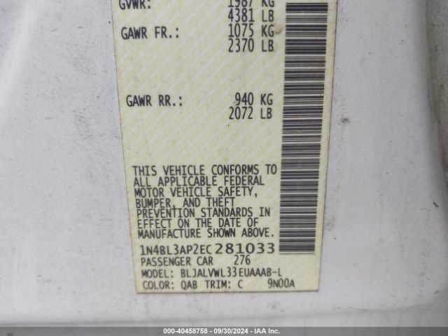 1N4BL3AP2EC281033 Nissan Altima 3.5 Sl