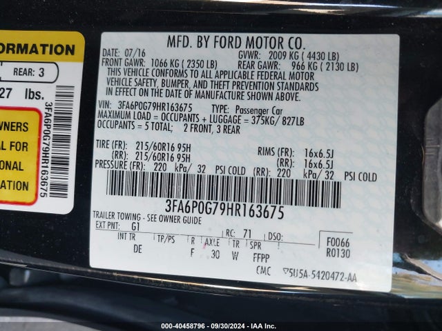 Ford FUSION S 2017 3FA6P0G79HR163675 Image 9