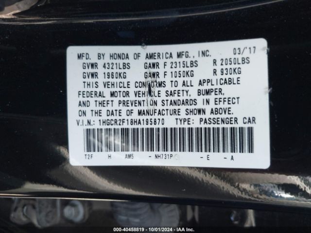 1HGCR2F18HA195870 Honda Accord Sport Se