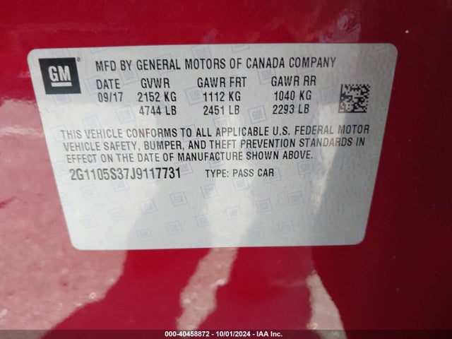 Chevrolet IMPALA 1LT 2018 2G1105S37J9117731 Image 9
