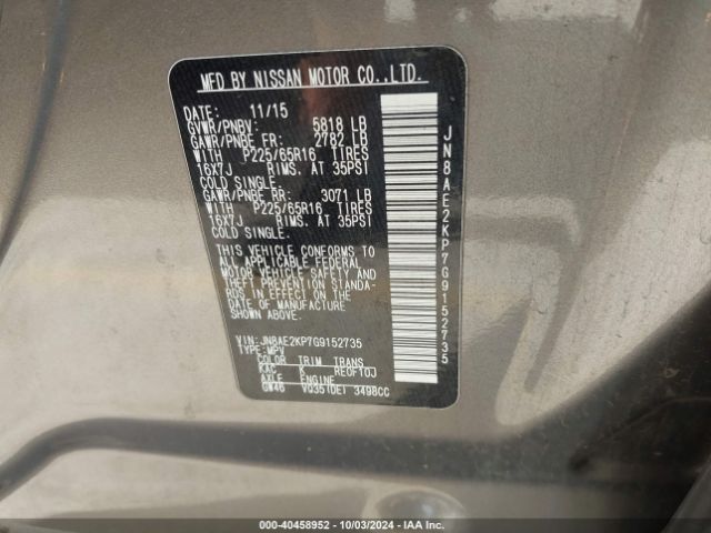 JN8AE2KP7G9152735 Nissan Quest Platinum/s/sl/sv