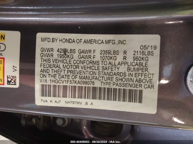 Honda Accord Ex-l 2019 1HGCV1F57KA098076 Image 9