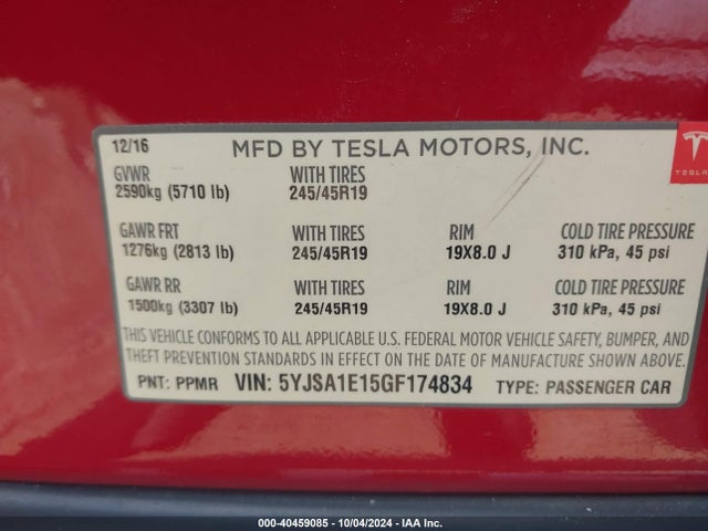 2016 TESLA MODEL S 5YJSA1E15GF174834 Photo 8