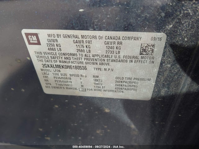 GMC Terrain Sle-1 2017 2GKALMEK0H6180536 Image 9