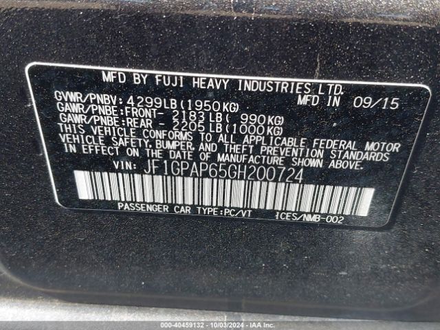JF1GPAP65GH200724 Subaru Impreza 2.0i Sport Premium
