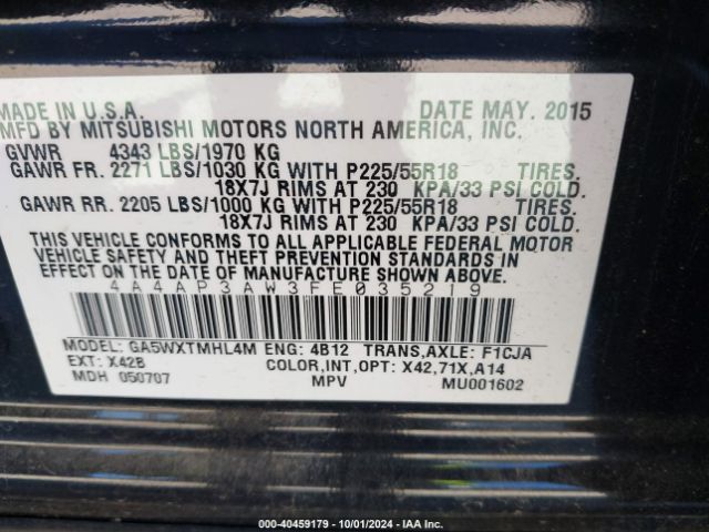 4A4AP3AW3FE035219 Mitsubishi Outlander Sport Es