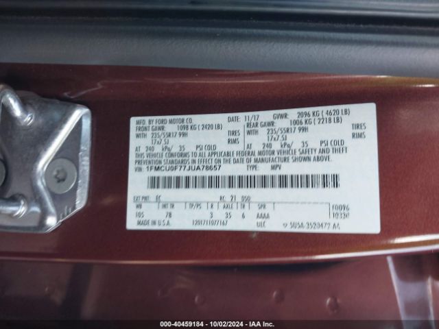 1FMCU0F77JUA78657 Ford ESCAPE S