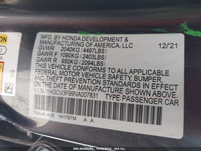 1HGCV3F99NA007831 Honda Accord Hybrid Touring