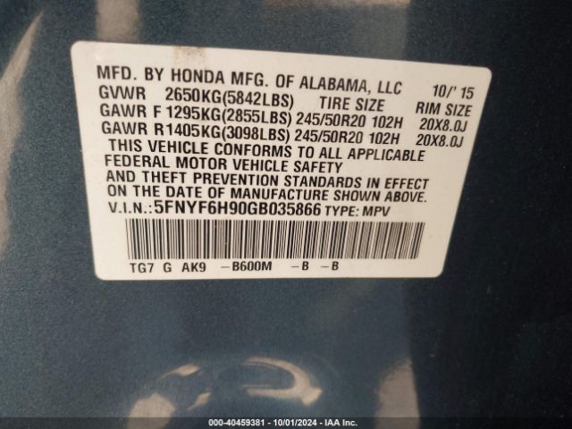 5FNYF6H90GB035866 Honda Pilot Touring