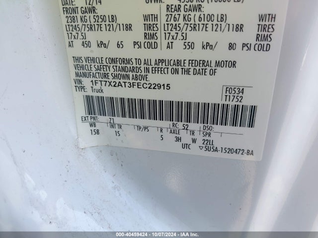 Ford F-250 Xl 2015 1FT7X2AT3FEC22915 Image 9