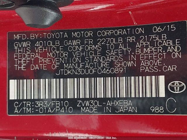 JTDKN3DU0F0460891 Toyota Prius Two