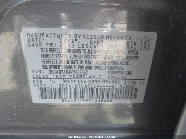 Nissan SENTRA S 2019 3N1AB7AP4KY338662 Image 9