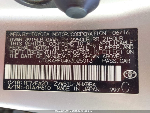 Toyota Prius Two Eco 2016 JTDKARFU4G3025013 Image 9