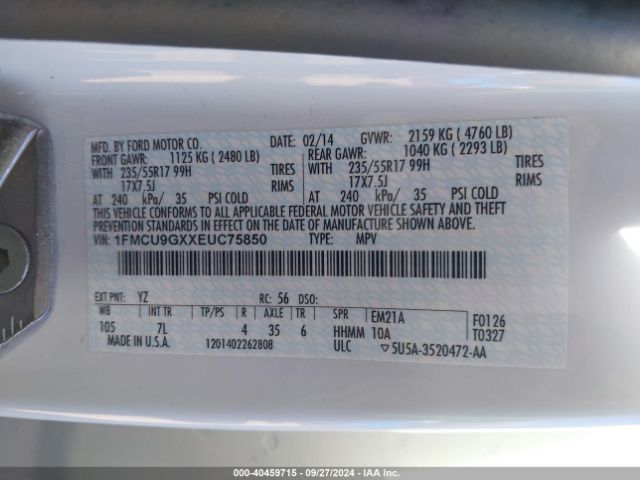 1FMCU9GXXEUC75850 Ford ESCAPE SE