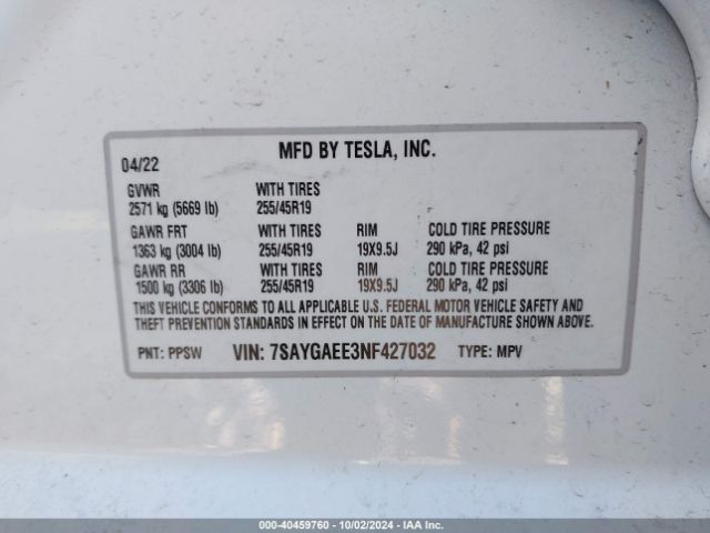 2022 TESLA MODEL Y 7SAYGAEE3NF427032 Photo 8