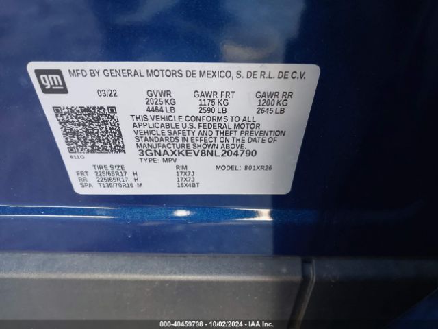 3GNAXKEV8NL204790 Chevrolet Equinox Fwd Lt
