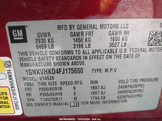 Chevrolet Traverse 2lt 2015 1GNKVHKD4FJ175600 Image 9