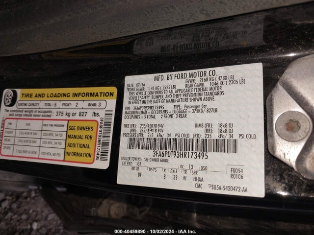 Ford FUSION SE 2017 3FA6P0T93HR173495 Image 9