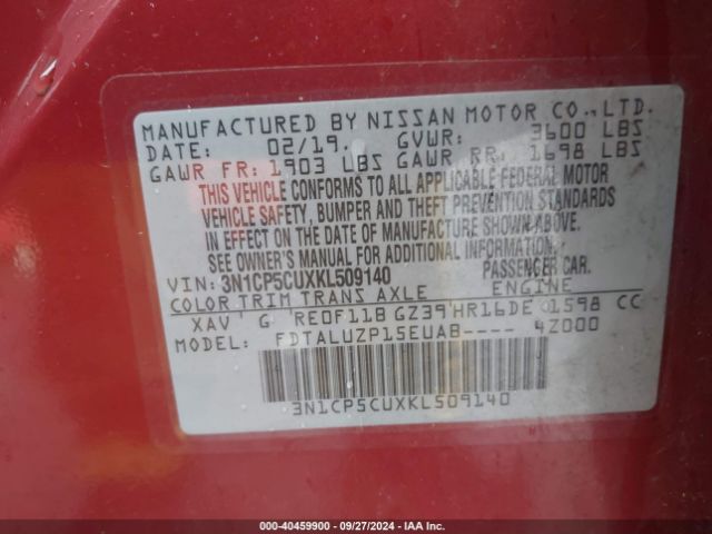 3N1CP5CUXKL509140 Nissan KICKS SR