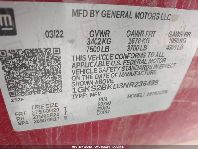 GMC Yukon 4wd Slt 2022 1GKS2BKD3NR236499 Image 9
