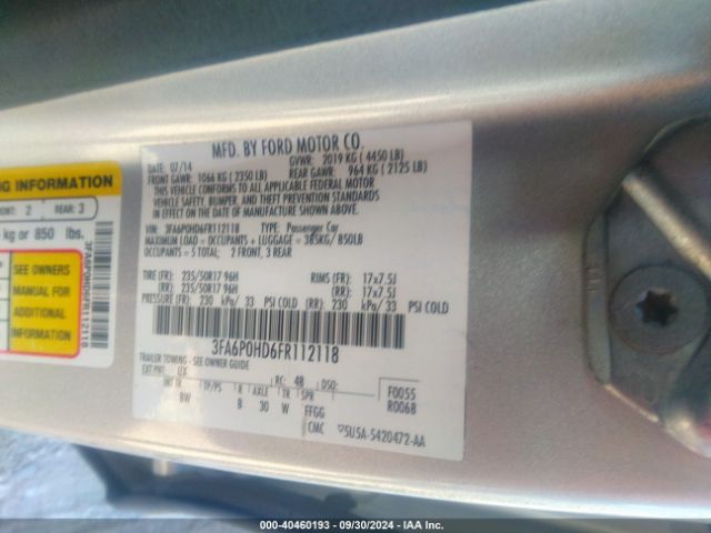 3FA6P0HD6FR112118 Ford FUSION SE