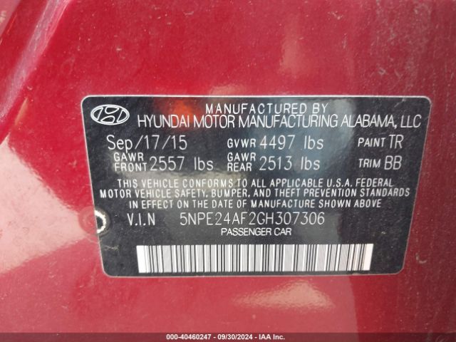 5NPE24AF2GH307306 Hyundai SONATA SE