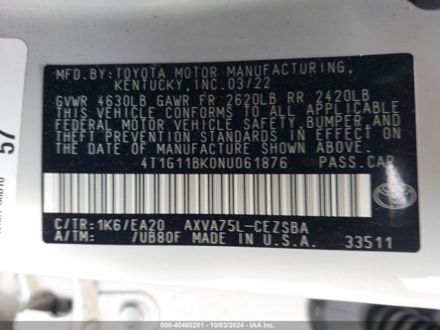 4T1G11BK0NU061876 Toyota Camry Se Awd
