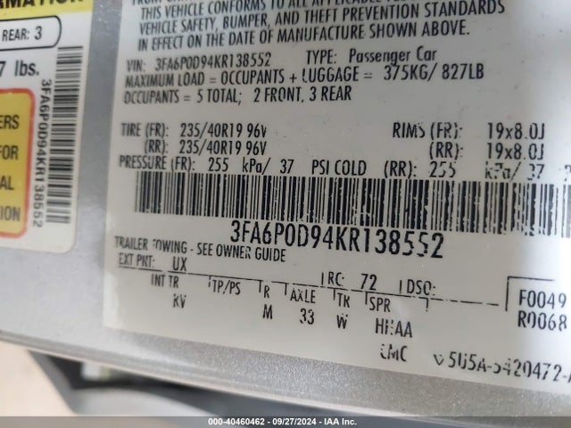 Ford Fusion Titanium 2019 3FA6P0D94KR138552 Image 9
